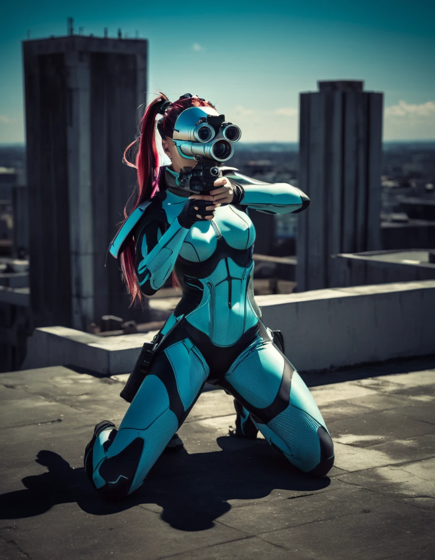 photograph CyborgCosplay, kneeling on a roof, head gear, sniper rifle, futuristic weapon, profil, taking aim, 50mm . cinematic 4k epic detailed 4k epic detailed photograph shot on kodak detailed cinematic hbo dark moody, 35mm photo, grainy, vignette, vintage, Kodachrome, Lomography, stained, highly detailed, found footage, CyborgCosplay, kneeling on a roof, head gear, sniper rifle, futuristic weapon, profil, taking aim, cinematic, atmosphere, designed, rich deep colors, vivid color, polished, intricate, detailed, sharp focus, beautiful light, open background, epic composition,, dramatic, full, ambient, highly coherent, symmetry, created, frank romantic, glowing