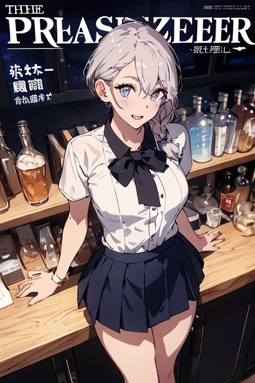 (from above:1.2,Best Quality),a girl , platinum color hair、bartender uniform,Purplish blue eyes that dreamers desire, small stature, medium , Lori face, (masutepiece:1.2, Best Quality), (finely detailed beautiful eye: 1.2), (beautifull detailed face), (perky chest:1.2), (pointed chest:1.1), (bratender magazine cover:1.5)，(Best Illumination, extremely delicate and beautiful), sexy pose,make a coffee , in a bar counter, morning light, Short bob hair（1:3）,Ultra Contrast、Braid a little around the ears, black bartender uniform dress、Sexy and qute pants、You can't see inside your underwear,mocking look、nffsw,Arms crossed、grab the arm、Shoot 、breastuscular pussy、little Pubic hair,high-level image quality、hightquality、8K,perfect hand、5 fingers、finger pin、Perfect Finger,noise cut、Her hair color should have been a brighter blue,(The bartendre skirt dress part is also carefully expressed:1.4)、the skirt is floating in the wind:1.2、Dark purple panties,(with sparkling eyes and a contagious smile),open mouth, highest quality, high resolution,Real World, Natural light,perfect Natural light, Looking at Viewer,
