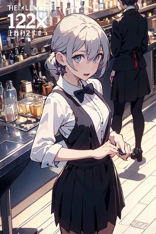 (from above:1.2,Best Quality),a girl , platinum color hair、bartender uniform,Purplish blue eyes that dreamers desire, small stature, medium , Lori face, (masutepiece:1.2, Best Quality), (finely detailed beautiful eye: 1.2), (beautifull detailed face), (perky chest:1.2), (pointed chest:1.1), (bratender magazine cover:1.5)，(Best Illumination, extremely delicate and beautiful), sexy pose,make a coffee , in a bar counter, morning light, Short bob hair（1:3）,Ultra Contrast、Braid a little around the ears, black bartender uniform dress、Sexy and qute pants、You can't see inside your underwear,mocking look、nffsw,Arms crossed、grab the arm、Shoot 、breastuscular pussy、little Pubic hair,high-level image quality、hightquality、8K,perfect hand、5 fingers、finger pin、Perfect Finger,noise cut、Her hair color should have been a brighter blue,(The bartendre skirt dress part is also carefully expressed:1.4)、the skirt is floating in the wind:1.2、Dark purple panties,(with sparkling eyes and a contagious smile),open mouth, highest quality, high resolution,Real World, Natural light,perfect Natural light, Looking at Viewer,
