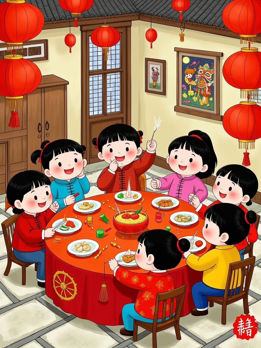 A colorful, whimsical illustration of a Chinese New Year dinner  in a traditional setting. The image is vibrant and detailed, featuring a round dining table covered in a red tablecloth with intricate patterns. Around the table, six characters are seated, dressed in traditional Chinese attire, with black hair and red or gold clothing. They are engaged in conversation and eating various dishes, including dumplings, noodles, and vegetables. The background features a traditional Chinese room with red lanterns hanging from the ceiling, a window with intricate patterns, and framed artwork on the walls. The floor is covered in a white and black patterned carpet. The characters have exaggerated, cartoon-like features, and the overall style is playful and whimsical. The image is rich in color, with reds, golds, and blacks dominating the palette. The scene is lively and festive, capturing the joy and tradition of the Chinese New Year.