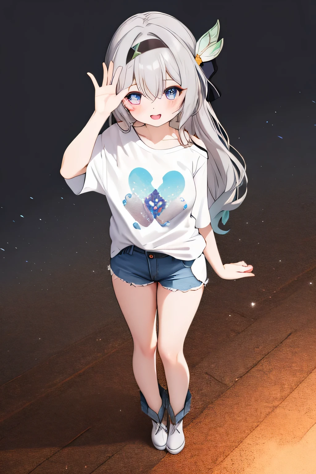 score_9, score_8_up, score_7_up, white background, simple background, BREAK source_anime, BREAK (1girl, solo, solo focus), fireflydef, grey hair, long hair, tucked t-shirt, short denim shorts, happy, looking at viewer, double v, hair ornament, from above, oversized_clothes, show full body