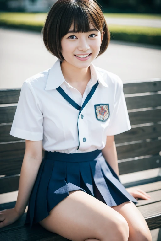 masterpiece, best quality, high resolution, brown eyes from below, dull bangs, ponytail, short hair, Japan schoolgirl summer uniform, mini skirt, looking at camera, looking down, smiling, mouth open, sticking out tongue, Japan model showing off panties, young, cute, beauty, school, crowd
