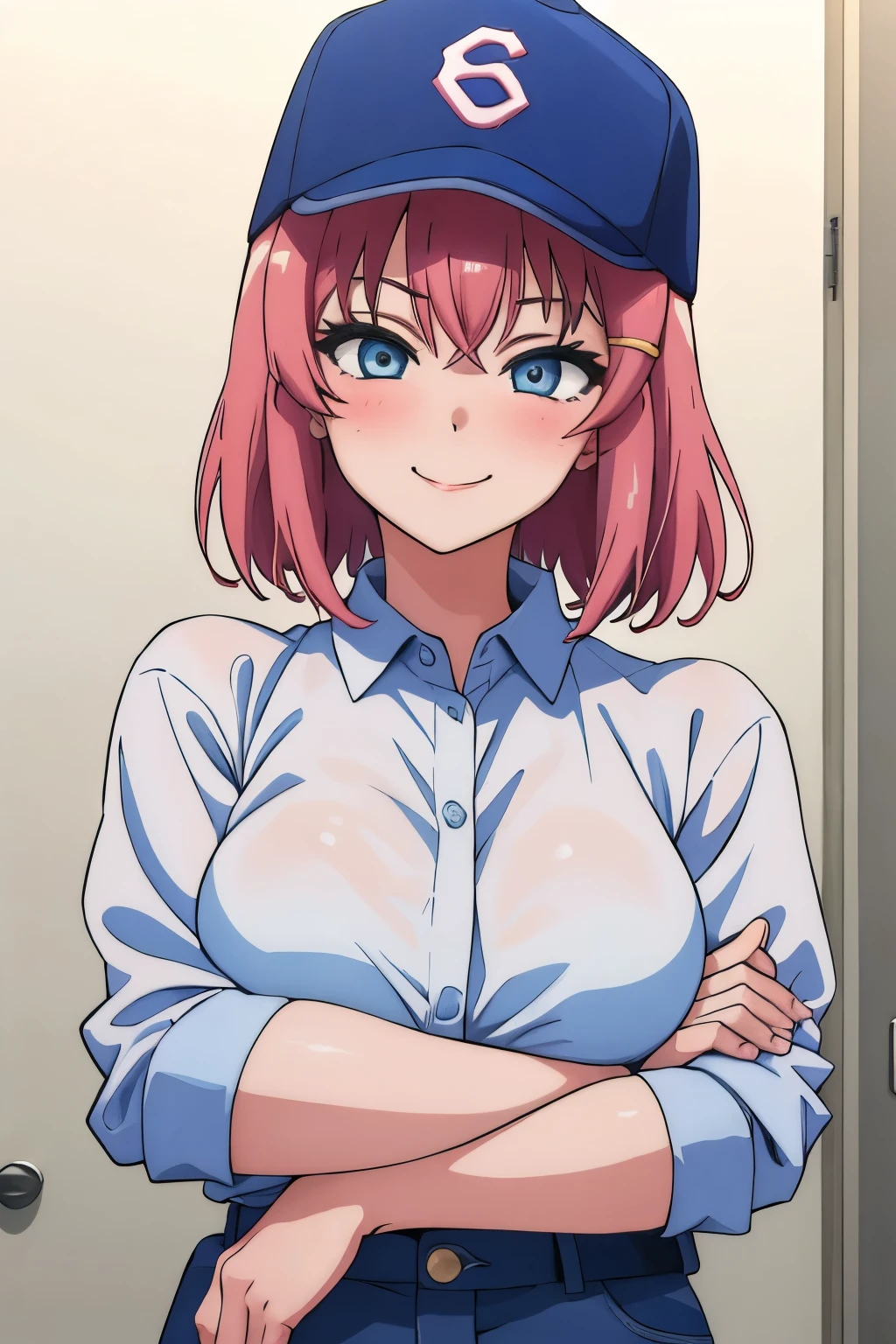  masterpiece ,  best quality , 1 girl, Alone, AKANE, camisa blanca, blush, smile, hair clip , baseball cap, has