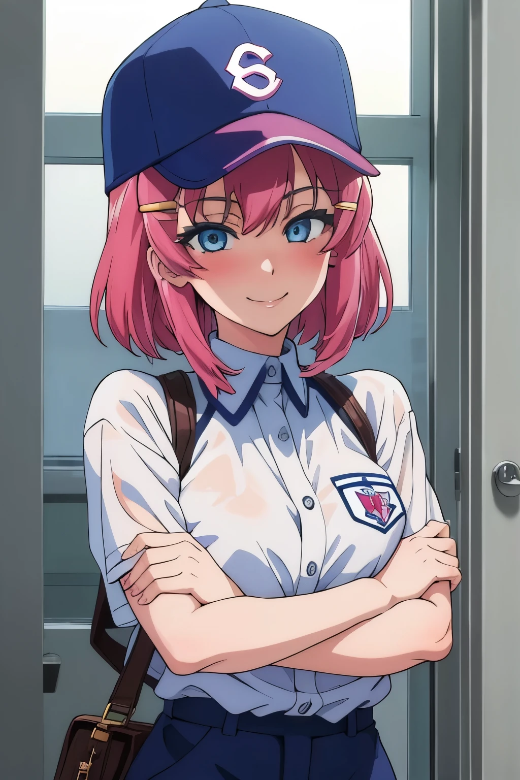  masterpiece ,  best quality , 1 girl, Alone, AKANE, camisa blanca, blush, smile, hair clip , baseball cap, has