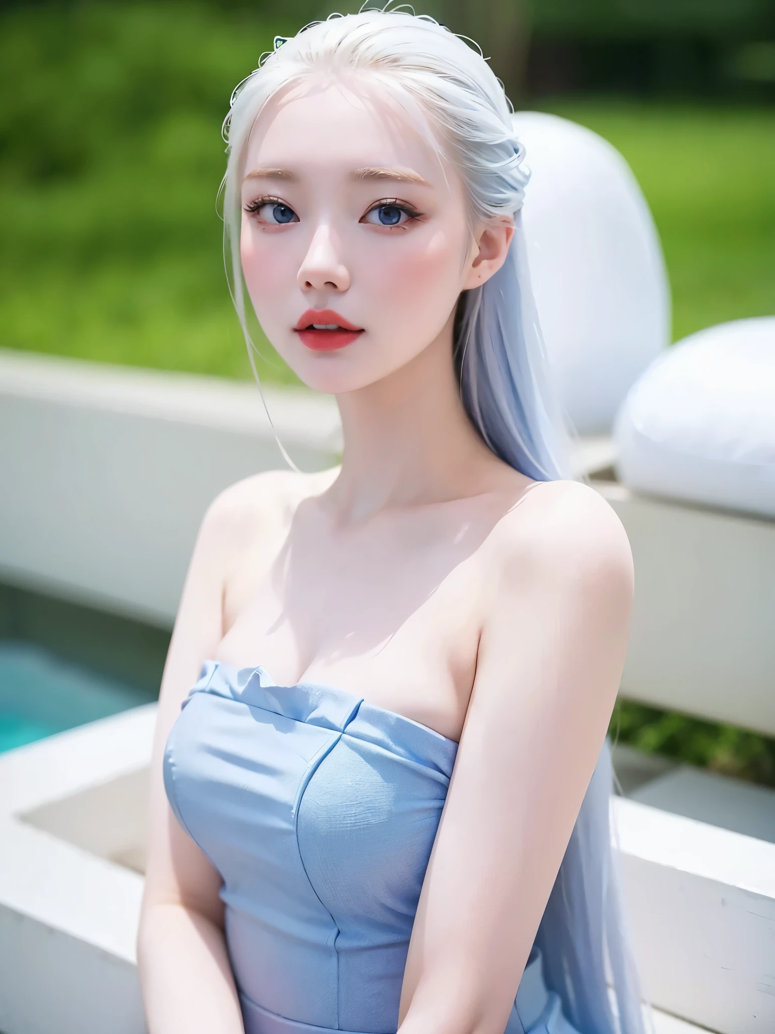 A woman in a blue dress with red lips, pale Porcelain white skin, facial focus guweiz , A masterpiece by guweiz, guweiz style artwork ,  soft portrait shot 8k , Pale young ghost girl, Porcelain white skin,  by Russell Dongjun Lu,  Pale Milk-Colored Porcelain Skin ,   Franz Xaver Winterhalter 