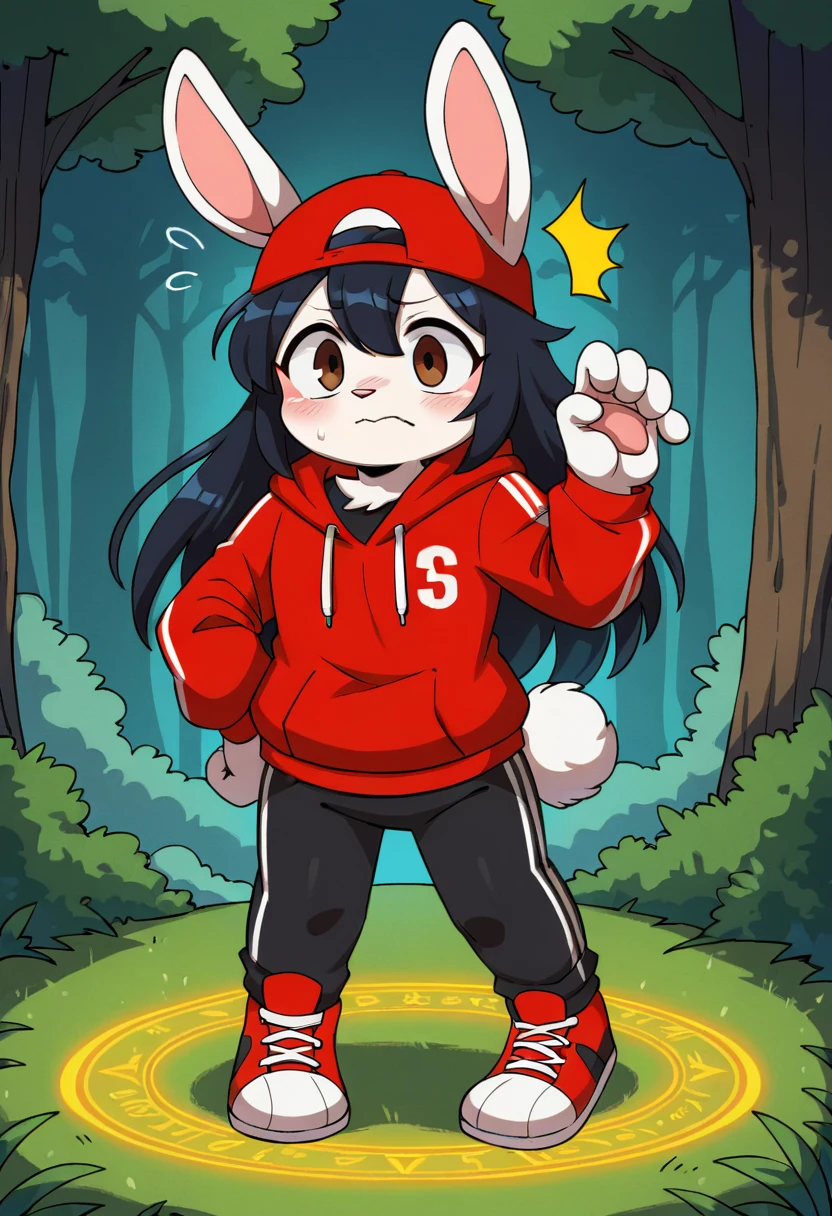 masterpiece, best quality, expressive eyes, perfect face, , furry bunny, white fur, bunny tail, bunny ears, solo, surpriced, blushed, black hair, long hair, red baseball cap, black shirt, red hoodie, black sports pants, red sport shoes, brown eyes, full body, in a magic forest, glitter, embarrassed pose, magic circle on the floor. 