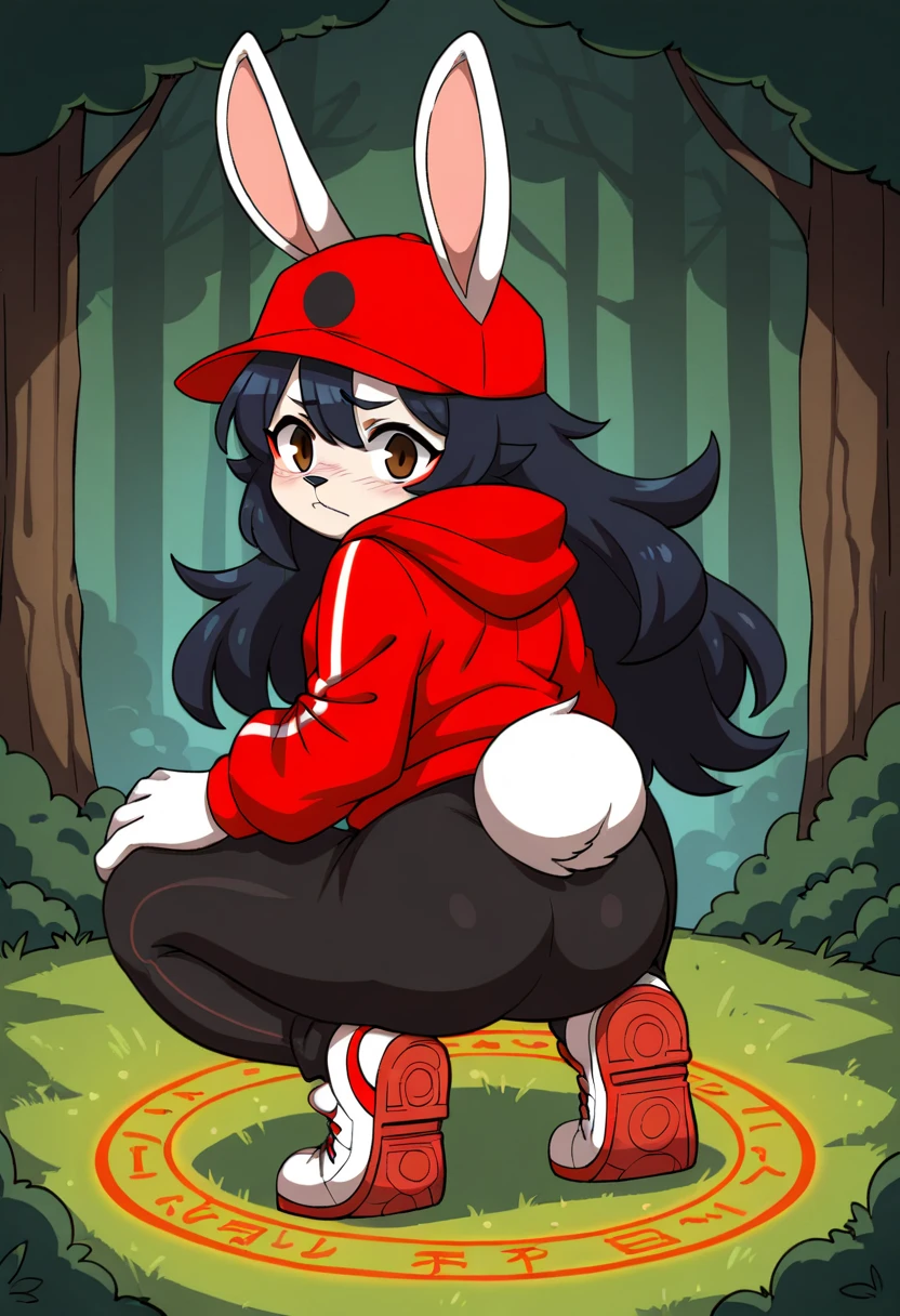 masterpiece, best quality, expressive eyes, perfect face, , furry bunny, white fur, bunny tail, bunny ears, solo, surpriced, blushed, black hair, long hair, red baseball cap, black shirt, red hoodie, black sports pants, red sport shoes, brown eyes, full body, in a magic forest, glitter, embarrassed pose, magic circle on the floor. 