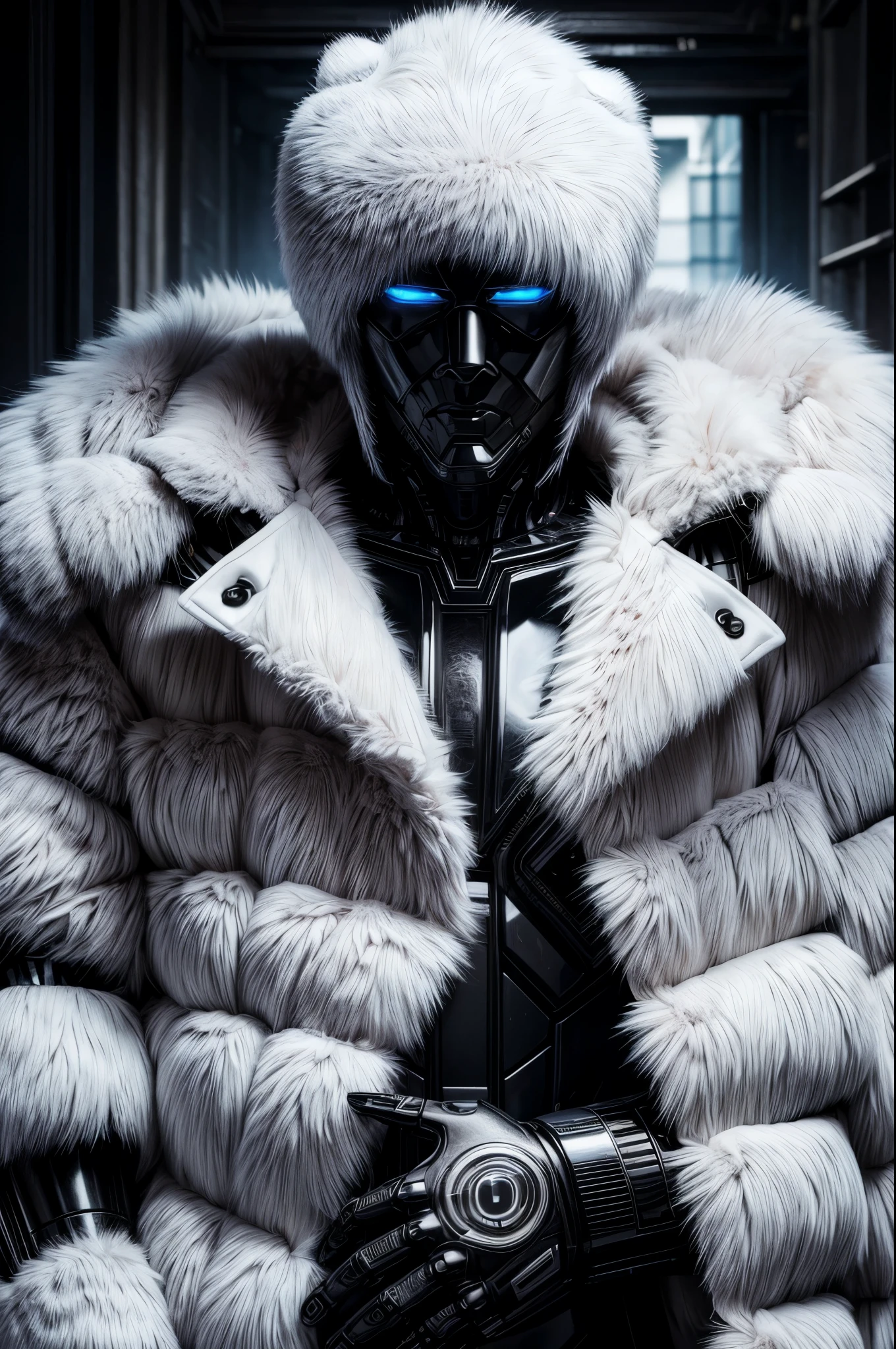 masterpiece, best quality, extremely detailed, hyperrealistic, photorealistic, a cool man, ultra detailed face, black robot face, white fur coat, black robot body, underground
