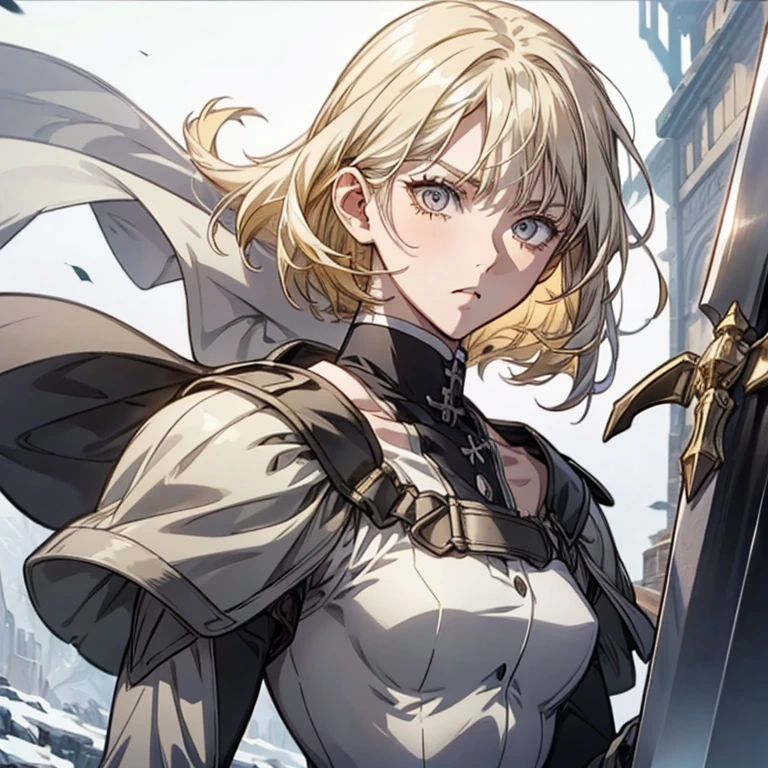    top quality,   Front View ,          looking at camera,        giant sword    ,         cold eyes,Solemn,(1 person),       Details,               bob with bangs, whole body, 1 girl in uniform,  blonde hair , Silver Eyes