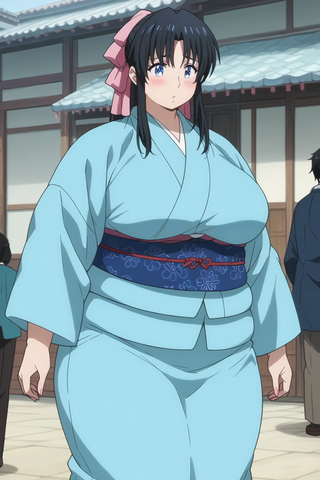 Kaoru Kamiya, Kaoru Kamiya,　 long hair,  pink barrette ribbon , bangs,  blue eyes, Thighs, Black Hair,  light blue kimono ,　Navy blue Kimono obi ,  kimono,  score_9,   score_8_up,   score_7_up,   score_6_up,   score_5_up,   score_4_up,     masterpiece   ,   top quality,   very aesthetic,   absurd,   source_Anime, Anime screencap,   one woman , Alone,  personal  ,  Super huge breasts, (((Super huge クレビス, Super huge , Super huge boob))), Curvy,  chubby, Mature Woman,  obese body type, blush, Shy woman,  stomach flesh sticking out of clothes,　 sloppy stomach ,  saggy stomach , 