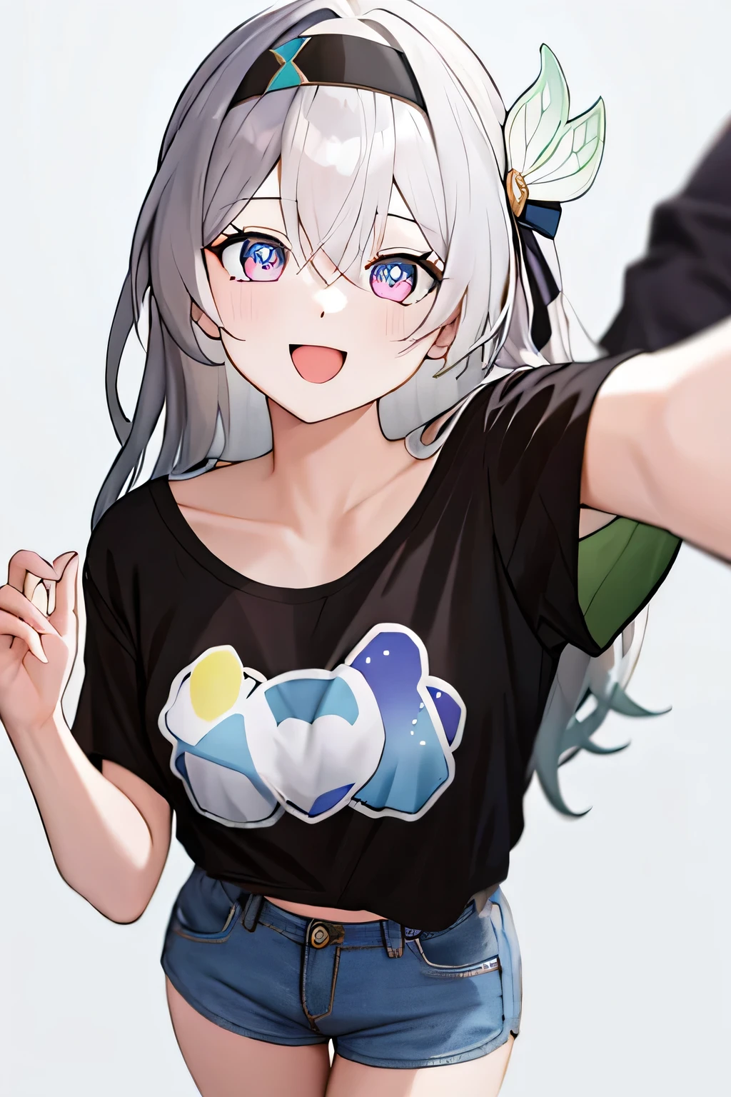 score_9, score_8_up, score_7_up, white background, simple background, BREAK source_anime, BREAK (1girl, solo, solo focus), fireflydef, grey hair, long hair, tucked t-shirt, short denim shorts, happy, looking at viewer, double v, hair ornament, from above, oversized_clothes