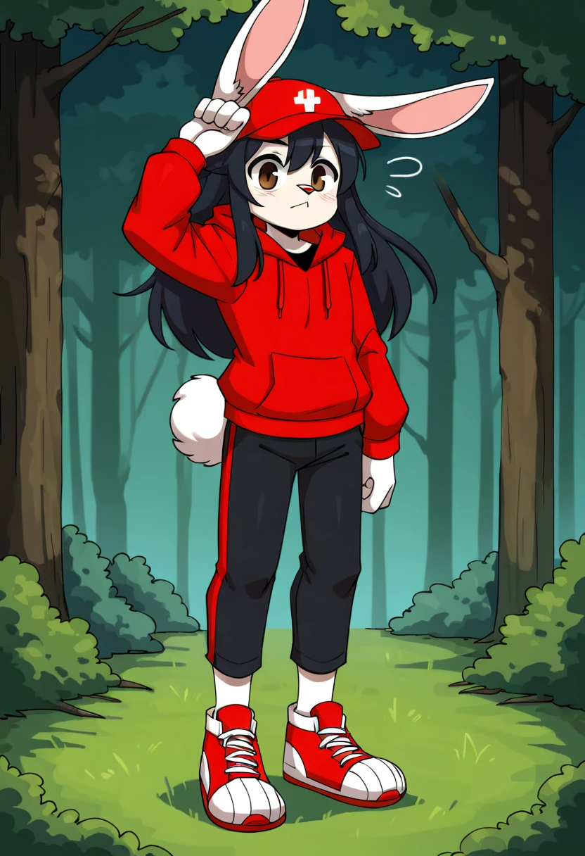 masterpiece, best quality, expressive eyes, perfect face, , furry bunny, white fur, bunny tail, bunny ears, solo, surpriced, blushed, black hair, long hair, red baseball cap, black shirt, red hoodie, black sports pants, red sport shoes, brown eyes, full body, in a magic forest, Male bunny, standing up, 