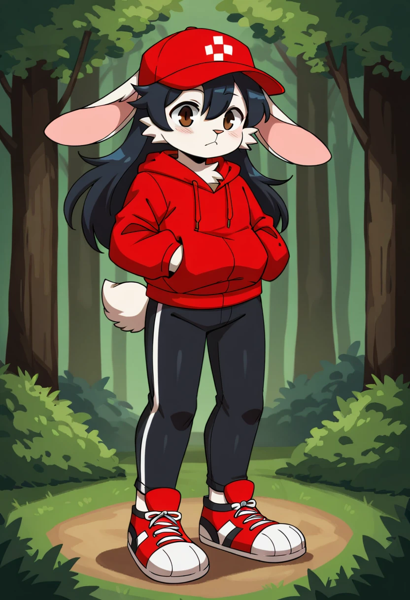 masterpiece, best quality, expressive eyes, perfect face, , furry bunny, white fur, bunny tail, bunny ears, solo, surpriced, blushed, black hair, long hair, red baseball cap, black shirt, red hoodie, black sports pants, red sport shoes, brown eyes, full body, in a magic forest, Male bunny, standing up, 