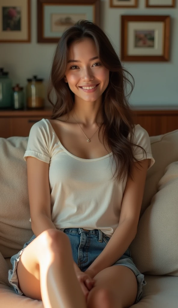 Cute girl with jeans sitting down at chair infront camera