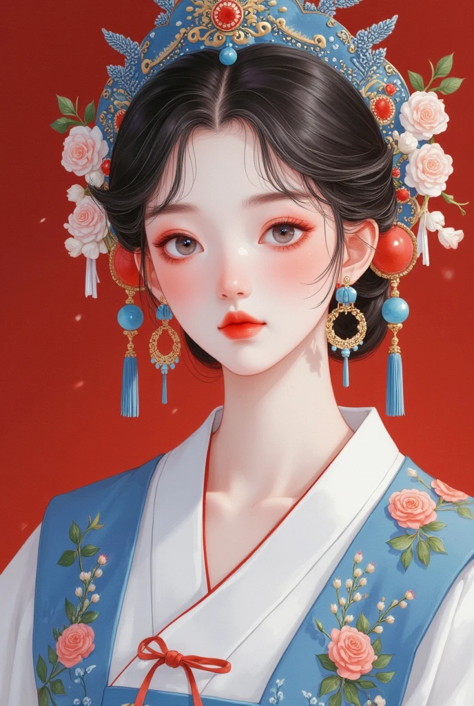 Close-up of a woman wearing a blue and red headdress,  traditional Chinese , palace ，  girl in Hanfu, ancient Chinese Princess, Chinese,  Ancient Chinese Art Style ,  beautiful fantasy queen , traditional beauty, Hanfu, Chinese Princess, The Queen of China , Peking Opera,   Ancient Chinese Beauty,  traditional Chinese  clothing,   A matte painting with ancient Chinese aesthetics 