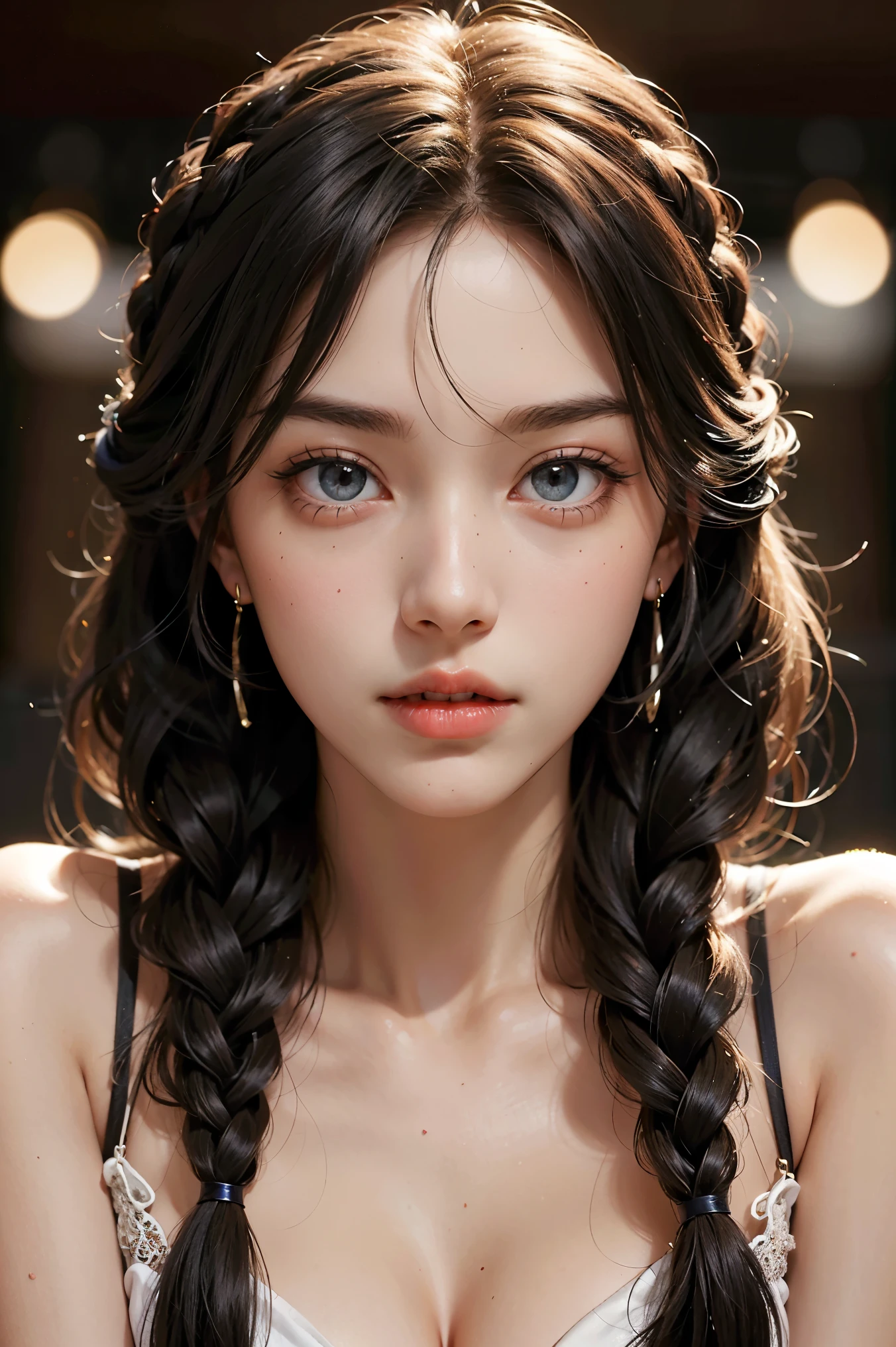(best quality,4k,8k,highres,masterpiece:1.2), ultra-detailed, (realistic,photorealistic,photo-realistic:1.37),(beautiful detailed eyes, beautiful detailed lips, extremely detailed eyes and face, long eyelashes),studio lighting,physically-based rendering,vivid colors,(big tits, super big tits, super extra big tits),(ponytail hairstyle),(contemplative expression),(earrings, choker, ring, maid's clothing),(soft lighting),(calm atmosphere),(full frame portrait composition),