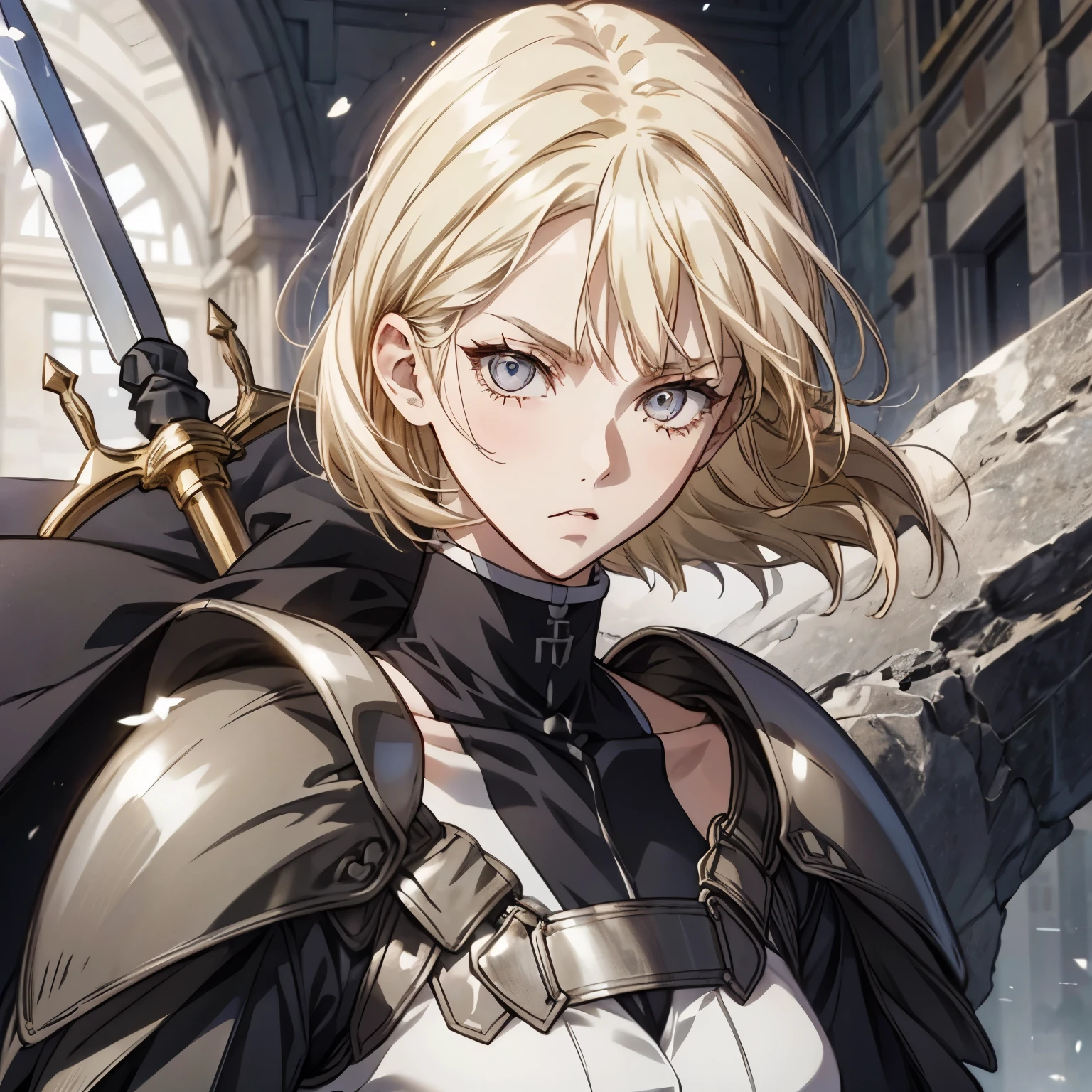    top quality,   Front View ,          looking at camera,        giant sword    ,         cold eyes,Solemn,(1 person),       Details,               bob with bangs, whole body, 1 girl in uniform,  blonde hair , Silver Eyes