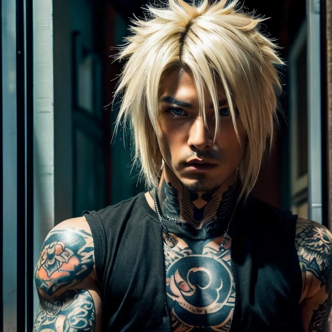 1 man, Japanese man, male, Asian eyes, blue eyes, muscular, broad shoulders, yakuza tattoos, hairstyle Visual Kei style, hair Visual Kei, black men's shirt and black pants, ultra detailed face and eyes , hyperrealistic, realistic representation, long hair, long hair, 30 years old, age 30 years, blond, blonde hair