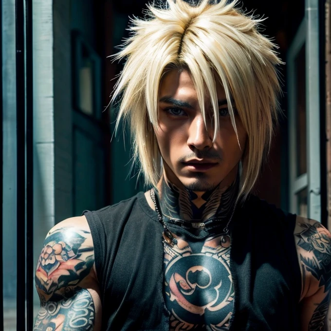 1 man, Japanese man, male, Asian eyes, blue eyes, muscular, broad shoulders, yakuza tattoos, hairstyle Visual Kei style, hair Visual Kei, black men's shirt and black pants, ultra detailed face and eyes , hyperrealistic, realistic representation, long hair, long hair, 30 years old, age 30 years, blond, blonde hair