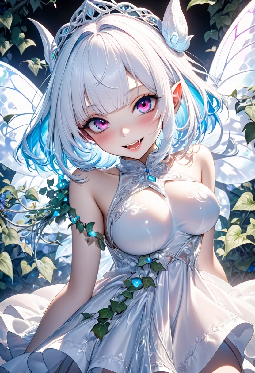 White dress, rooftop, 1girl, nose blush, 1 Screen View, low angle, 8K, highest quality, Beautiful expression, girl sitting, Shiny natural skin texture, cheerful, Cute face, naughty smile, fluffy bob cut, hair ribbon, (Wings are growing:1.5), (nsfw:1.1), (masterpiece:1.2), (see through:1.1), (puffynipple:1.1), (Light-pigmented nipple:1.3), (small breasts:1.1), (sky blue hair:1.4), (flower hair ornament:0.8), (No underwear:1.2)																