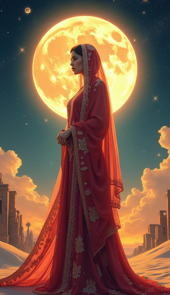 Highly detailed, High Quality, Masterpiece, beautiful, <lora:DarkIncursioStyle:1>, night, (dark environment), wearing wrenchpjbss, dupatta, embroidery, red dress, <lora:Outfit_PunjabiSalwarSuit:1>, outdoors, cofused, ?, desert, from behind,