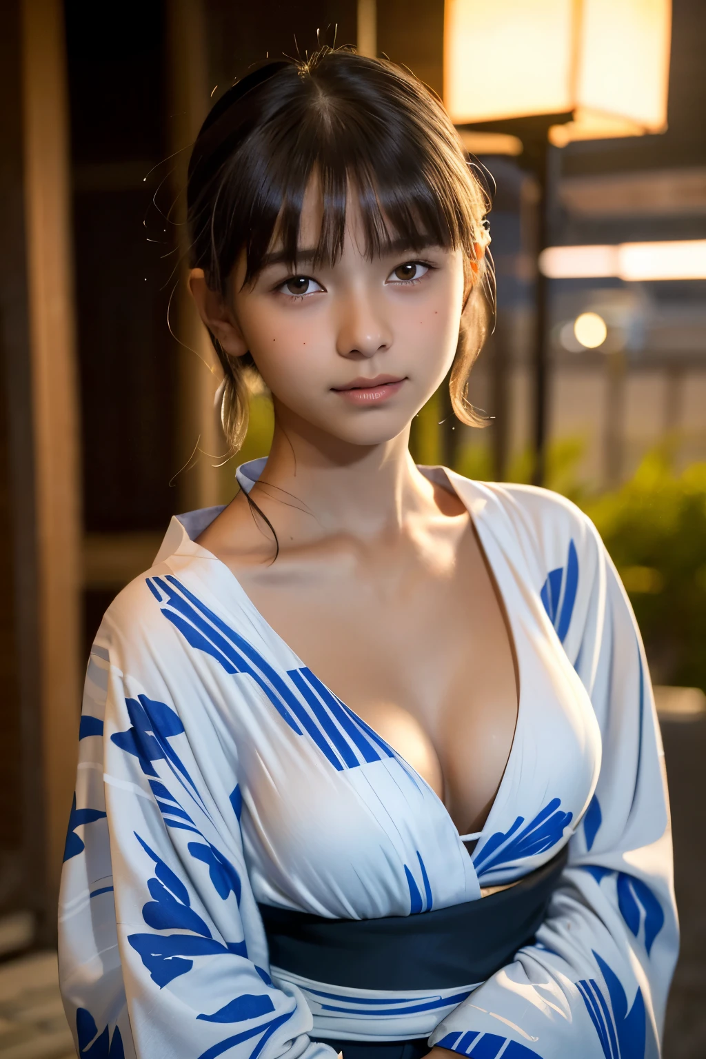 best quality, masterpiece, young french girl, (14yo:1.4), ((tanned skin)), (silhouette lighting:1.1), (upper body:1.5), medium hair with bangs, small breast, hourglass figure, oily skin, (yukata, cleavage:1.3), hands down, in front of a residential complex, ((early evening))