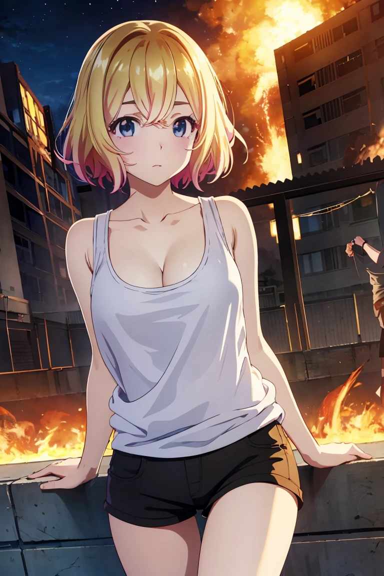 masterpiece, Highest quality anime illustrations, Super detailed,ultra high resolution、perfect lighting single girls, alone, Blonde、medium hair, anime , view at viewer,  cleavage、 black tank top、 sexy black shorts、at night、 fence、Explosion and Flames 、Building on fire