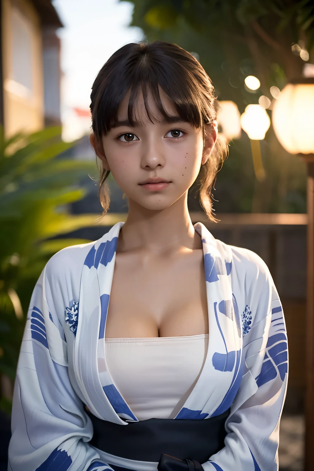 best quality, masterpiece, young french girl, (14yo:1.4), ((tanned skin)), (silhouette lighting:1.1), (upper body:1.5), medium hair with bangs, small breast, hourglass figure, oily skin, (yukata, cleavage:1.3), hands down, in front of a residential complex, ((early evening))