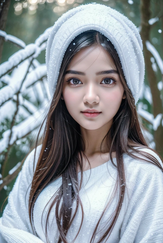 portrait, High quality, Indian fairy winter snow In the forest through the trees About , , Smooth skin, ((best quality, 8 k, masterpiece :1.3)), 1 girl, Beautiful girl , casual outfit :1.2, In the forest, ultra detailed face, detailed eyes, double eyelid