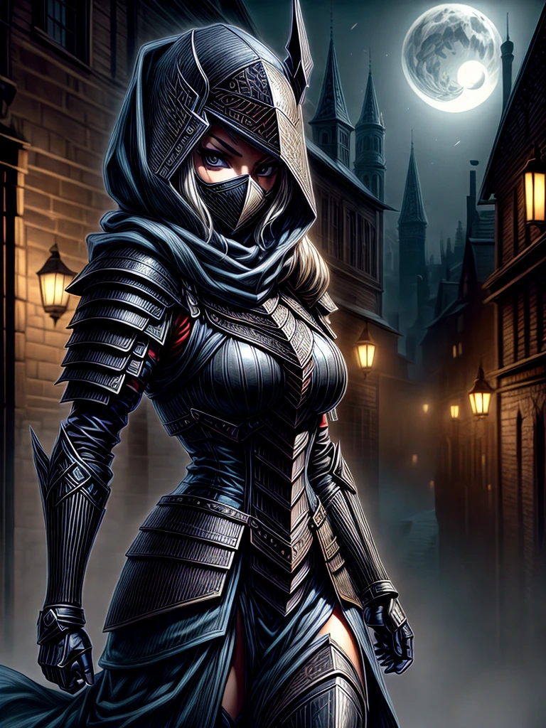 Female Assassin,Hooded with black eyes,With iron mask,black armor, with a medieval city in the moonlight in the background.