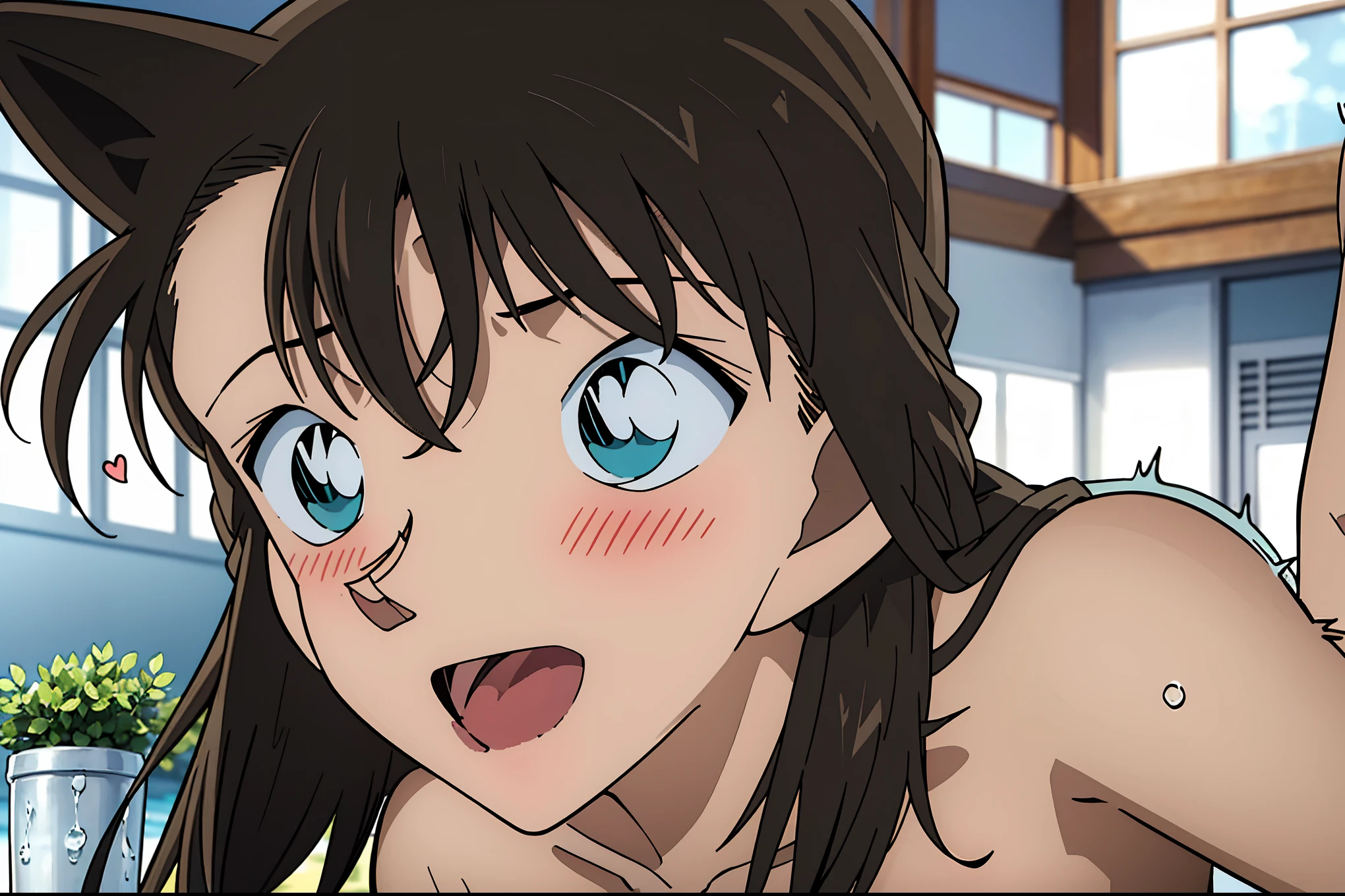 Mouri Ran, , NSFW:1.8, sex, pool background, (adds sound effects), (adds trembling lines), vaginal penis, leaning forward, heart shaped pupils, sweating profusely, cum on tongue, (backlighting),(deep shadows), (sharp focus), (brown hair),）