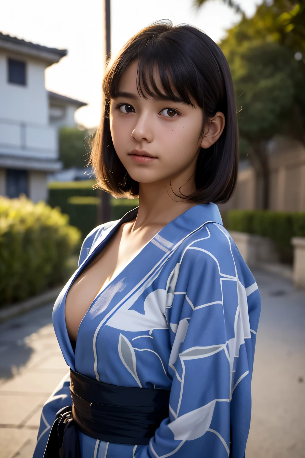 best quality, masterpiece, young french girl, (**yo:1.4), ((tanned skin)), (silhouette lighting:1.1), (upper body:1.5), medium hair with bangs, small breast, hourglass figure, oily skin, (yukata, cleavage:1.1), hands down, in front of a residential complex, ((early evening))