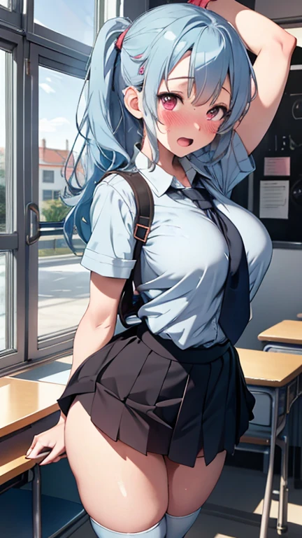 Best quality, anime girl, blue hair, glasses, slim and curvaceous body, skort pleated skirt, two hands, looking at viewer, school iniform