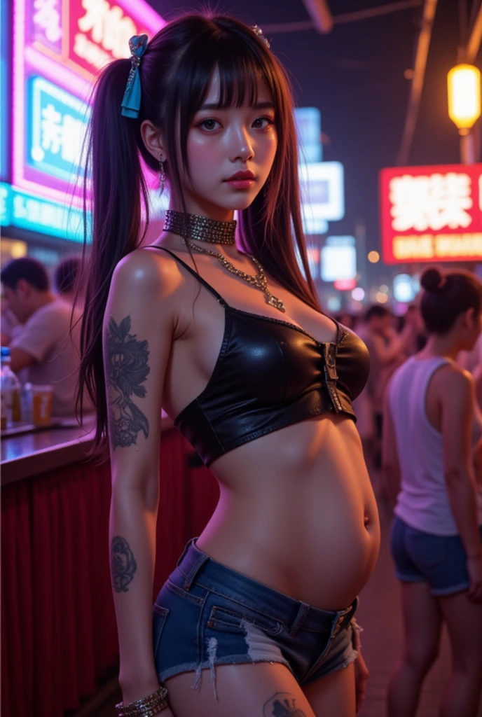 8k, masterpiece, RAW photo, best quality, photorealistic, extremely detailed CG unity 8k wallpaper, Depth of field, Cinematic Light, Lens Flare, Ray tracing, (extremely beautiful face, beautiful lips, beautiful eyes), intricate detail face, ((ultra detailed skin)) 1girl, in the dark, deep shadow, pretty korean girl, kpop idol, 1 girl, (very slim slender fit-muscled body:1.3), ((looking at viewer)),(big smile:1.3), ((bare body)) , uncensored, (fashion city night, dark night, (neon sign), (blurred background), fashion street night),(without people in the background:1.3), beautiful earrings, bracelets, necklace, clear eyes, (pale skin), (big eyes), face forward, ((upper body shot)),(brown hairs), (looking at viewer:1.3) open breast, very slim, medium breasts, turning back, back shot, turning back, ((back shot)), ((full body tattoo)),