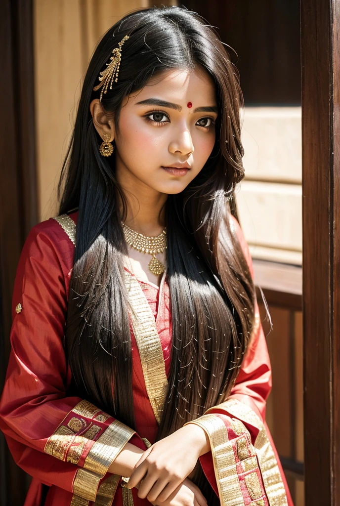 A girl adorned in traditional Indian attire.black long hair 
