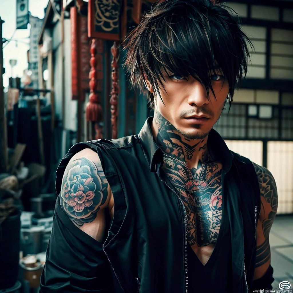 1 man, Japanese man, male, Asian eyes, blue eyes, muscular, broad shoulders, yakuza tattoos, hairstyle Visual Kei style, hair Visual Kei, black men's shirt and black pants, ultra detailed face and eyes , hyperrealistic, realistic representation, long hair, long hair, 30 years old, age 30 years, blond, blonde hair