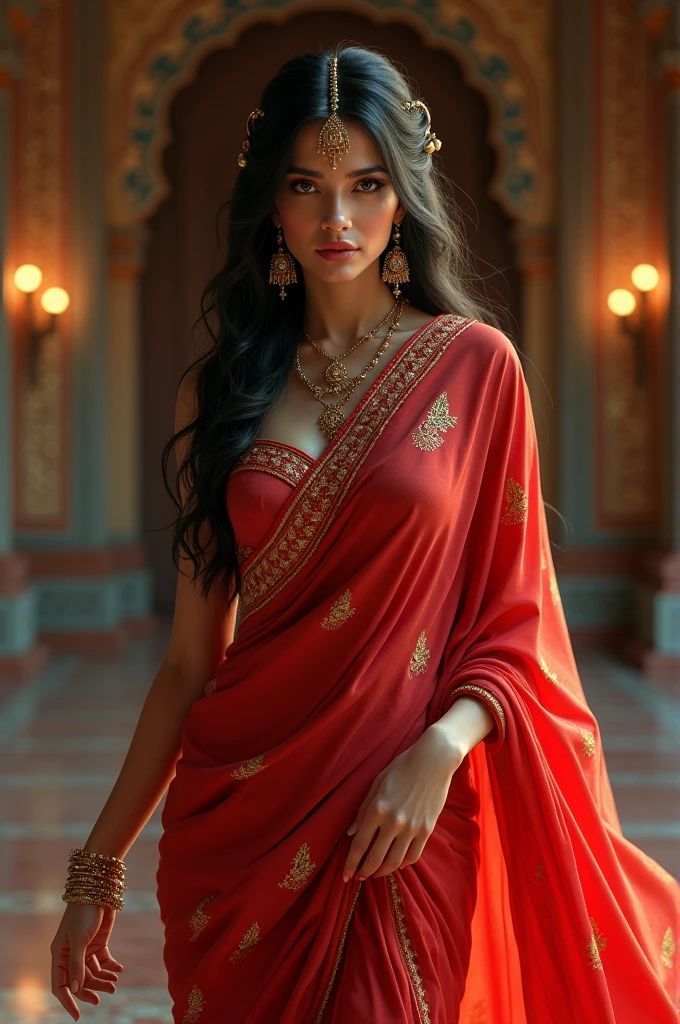 4K, UHD, masterpeice, indian girl, romantic face, detailed eyes, detailed lips, very long hair, straight hair, very long hair, beautiful hair, hair ornaments, hairband, gradient hair, ((red black tanktop)), ((bridal lehenga)), ((decorated blouse)), sardine, (( lehenga)), ((lace)), ornaments, necklace, earring, high lighting, ((bare stomach)), wedding stage, fujicolor, depth of field, ray tracing, ultra realistic detail,
