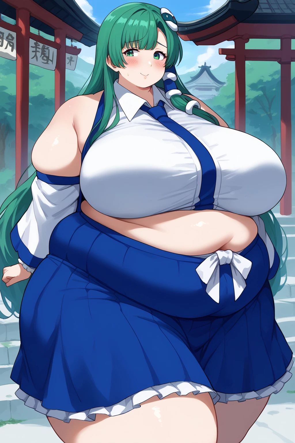 Sanae Kochiya, sanae kochiya,  long hair,  green hair,  green eyes,  Hair Tube, Snake hair ornament, collared shirt,  white shirt,  Detached Sleeves,  wide sleeve over mouth,  blue skirt,  ruffle skirt,  score_9,   score_8_up,   score_7_up,   score_6_up,   score_5_up,   score_4_up,     masterpiece   ,   top quality,   very aesthetic,   absurd,  Anime Women,   one woman , Alone,  personal  ,  Super huge breasts, ((( super huge clevis, Super huge , Super huge boob))), Curvy,  chubby,  obese body type, blush, Shy woman,  stomach flesh sticking out of clothes,　 sloppy stomach , Shrine grounds,  I'm worried about the fat around my stomach,  fat mature, fat milf, Woman in her 40s, Short legs,  short due to the heat