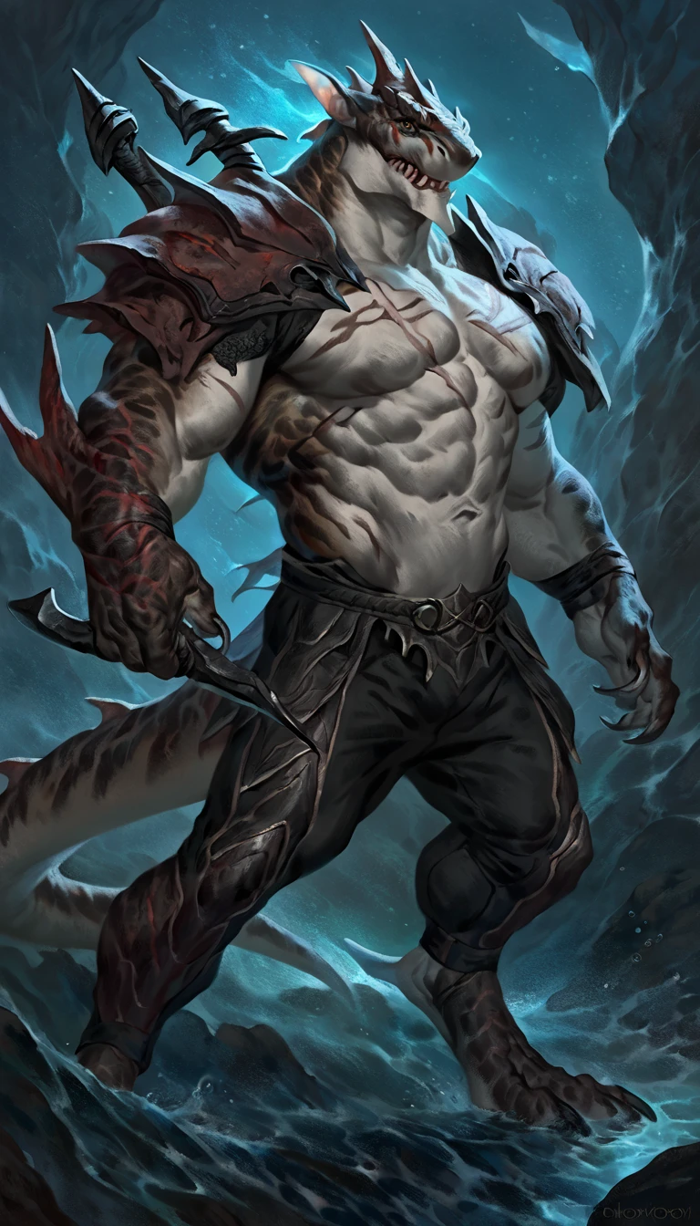 Muscular anthro shark, solo, monster, strong, scars on body, 1male solo, demonic armor, symbiote, muscular, small waist, thick tail, thick scales on the shoulders, marked detailed jaws, open jaws big pecs, pants, full body, comicbook style, best quality, 4k, ultra-detailed, by laobai, by taran fiddler, by honovy, by null-ghost, by thebigslick, underwater scenery, night, darkness