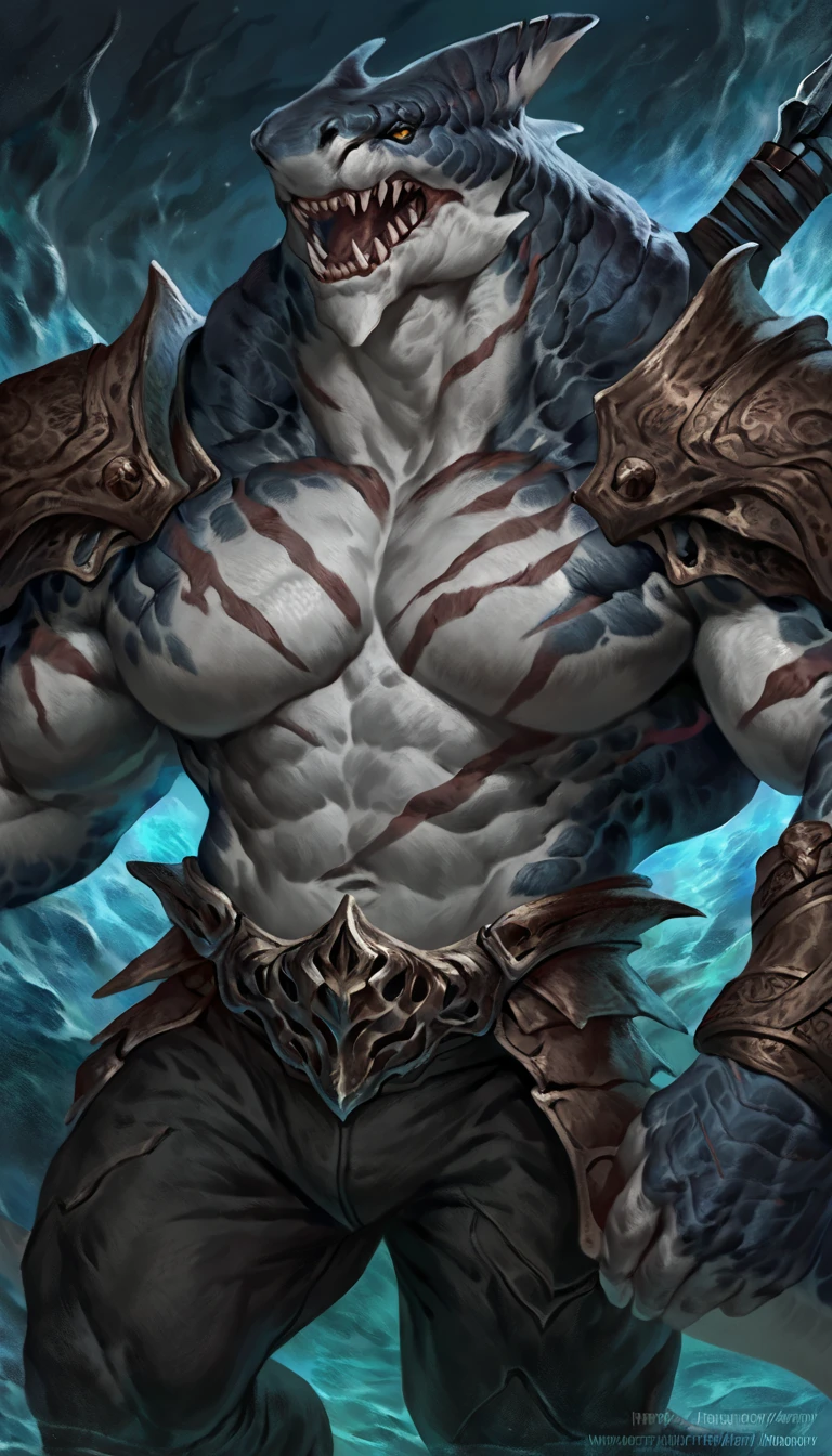 Muscular anthro shark, solo, monster, strong, scars on body, 1male solo, demonic armor, symbiote, muscular, small waist, thick tail, thick scales on the shoulders, marked detailed jaws, open jaws big pecs, pants, full body, comicbook style, best quality, 4k, ultra-detailed, by laobai, by taran fiddler, by honovy, by null-ghost, by thebigslick, underwater scenery, night, darkness