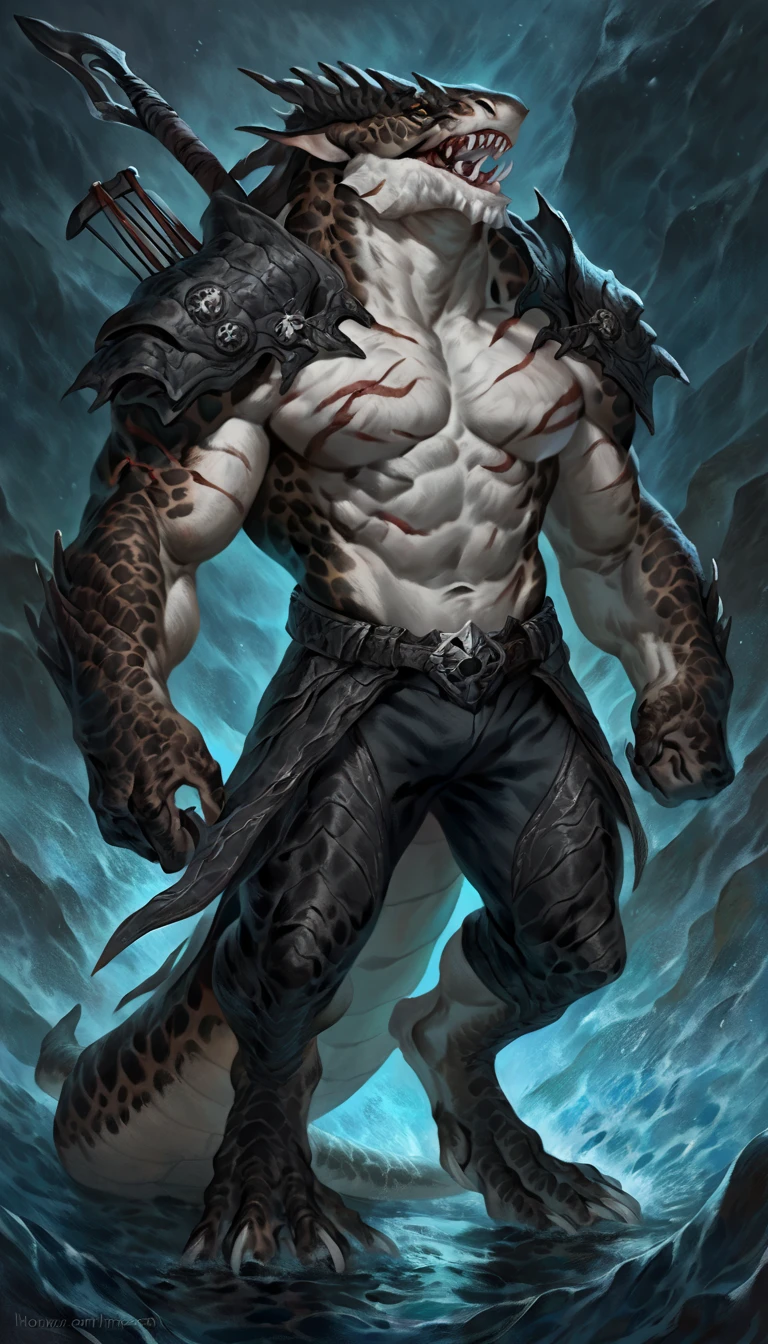 Muscular anthro shark, solo, monster, strong, scars on body, 1male solo, demonic armor, symbiote, muscular, small waist, thick tail, thick scales on the shoulders, marked detailed jaws, open jaws big pecs, pants, full body, comicbook style, best quality, 4k, ultra-detailed, by laobai, by taran fiddler, by honovy, by null-ghost, by thebigslick, underwater scenery, night, darkness