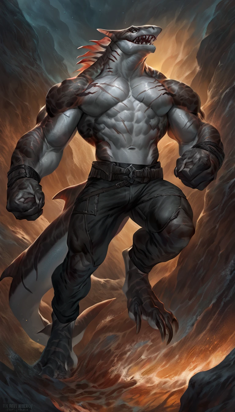 Muscular anthro shark, solo, monster, fighter, scars on body, 1male solo, small waist, thick shark tail, thick arms and legs, marked detailed jaws, open jaws, big pecs, pants, full body, comicbook style, best quality, 4k, ultra-detailed, by laobai, by taran fiddler, by honovy, by null-ghost, by thebigslick, underwater scenery, night, darkness