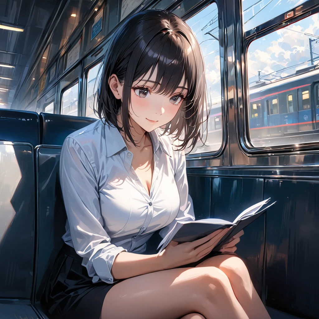 (masterpiece:1.2), high quality, high resolution, attention to detail, 4K, 8K, illustrative realism, dazzling sunlight, 1woman is sitting on a train seat, train have long horizontal seats along the walls, reading documents with a focused expression, angle from a diagonal, (detailed beautiful face), (detailed beautiful eyes:1.2), black eyes, straight bob hair, black hair, detailed hair, (light smile:1.2), beautiful breasts, business suit, (casual jacket), dress shirt, black mini skirt, leaned forward slightly, cross-legged, 