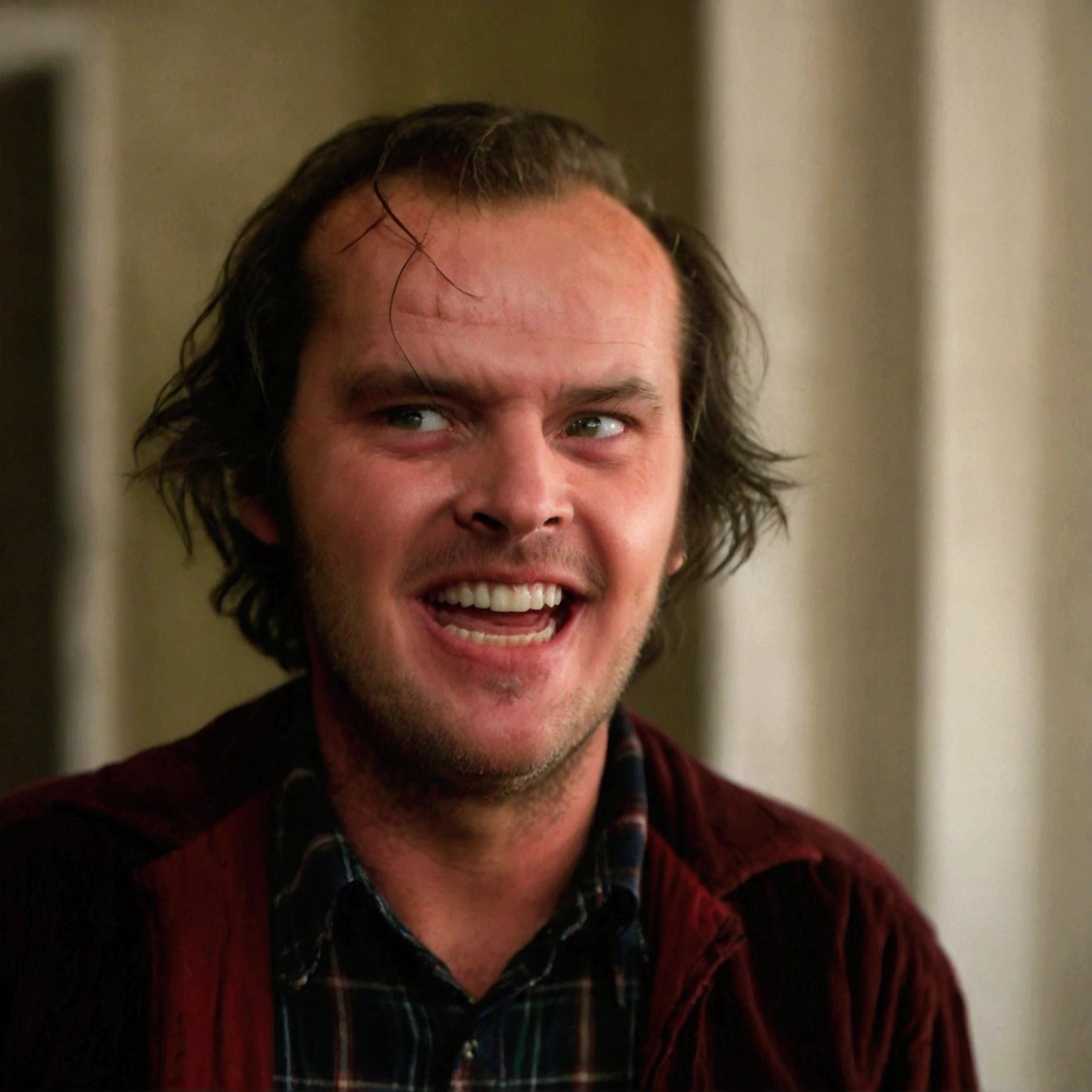 realistic photo of Jack Torrance\(Shin1ng,creepy smile\),solo,open mouth,1boy,male focus,teeth,The Shining film style,highly detailed