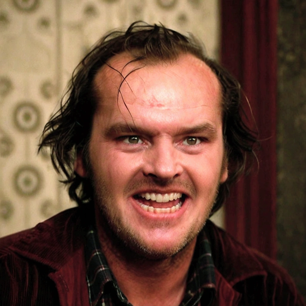 realistic photo of Jack Torrance\(Shin1ng,creepy smile\),solo,open mouth,1boy,male focus,teeth,The Shining film style,highly detailed