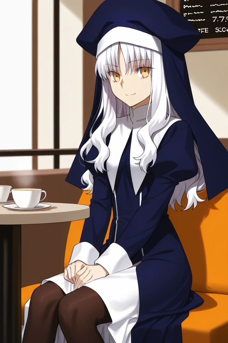 1girl, solo, caren hortensia, fate, nun's clothes, tights, golden eyes, white hair, sadistic smile, sitting in a cafe, 