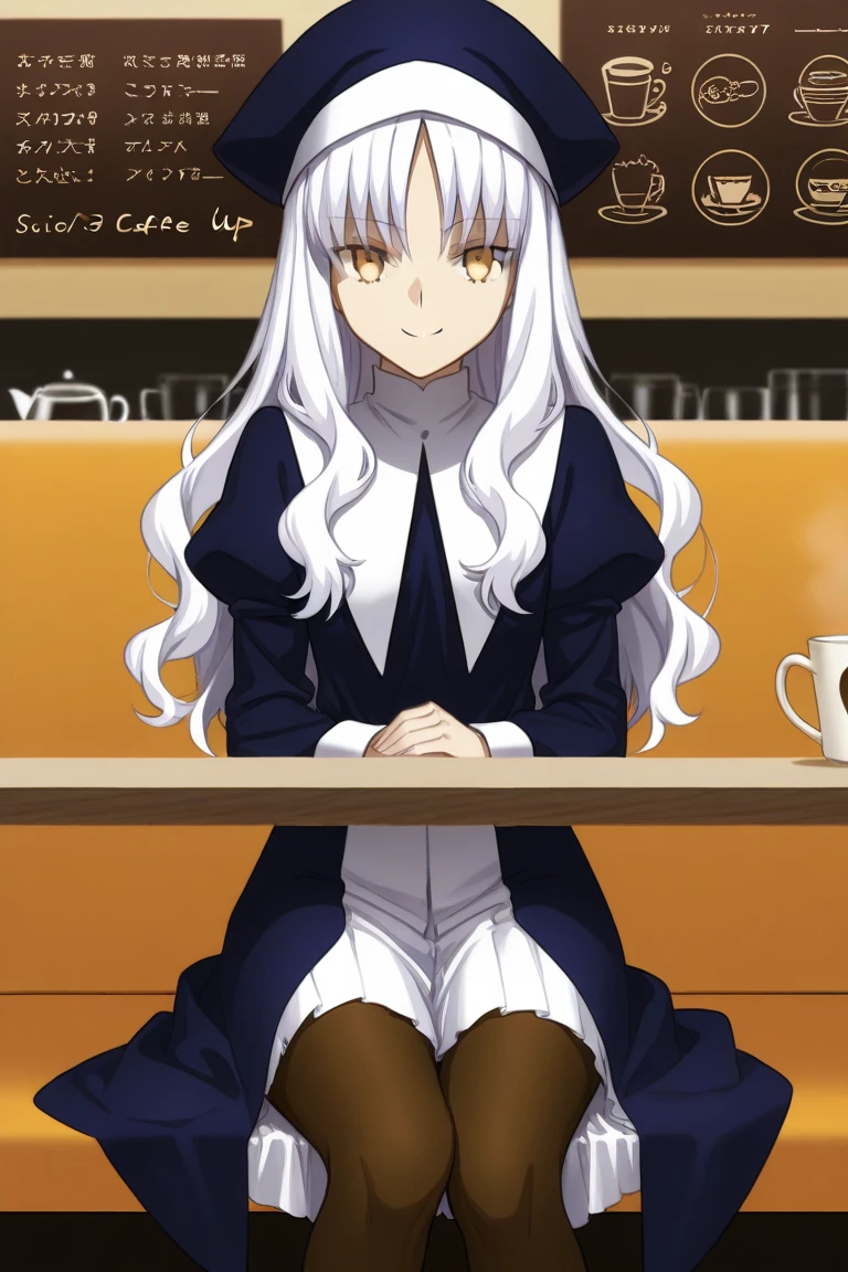 1girl, solo, caren hortensia, fate, nun's clothes, tights, golden eyes, white hair, sadistic smile, sitting in a cafe, 