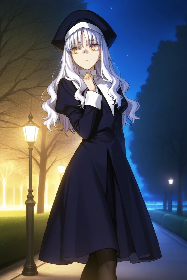 1girl, solo, caren hortensia, fate, nun's clothes, tights, golden eyes, white hair, walking in the park uh, night 