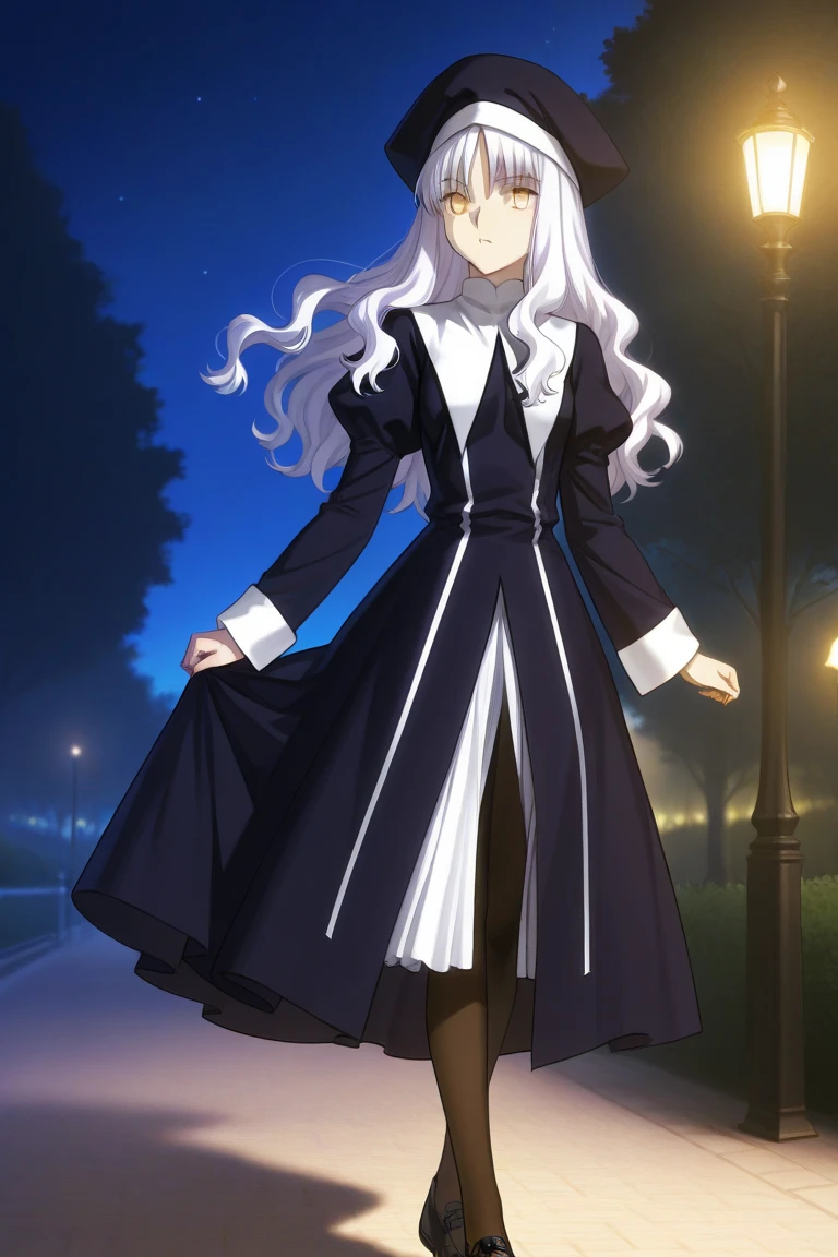 1girl, solo, caren hortensia, fate, nun's clothes, tights, golden eyes, white hair, walking in the park uh, night 