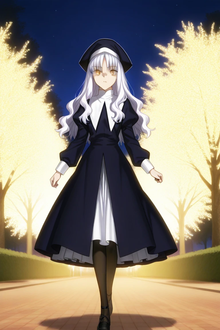 1girl, solo, caren hortensia, fate, nun's clothes, tights, golden eyes, white hair, walking in the park uh, night 